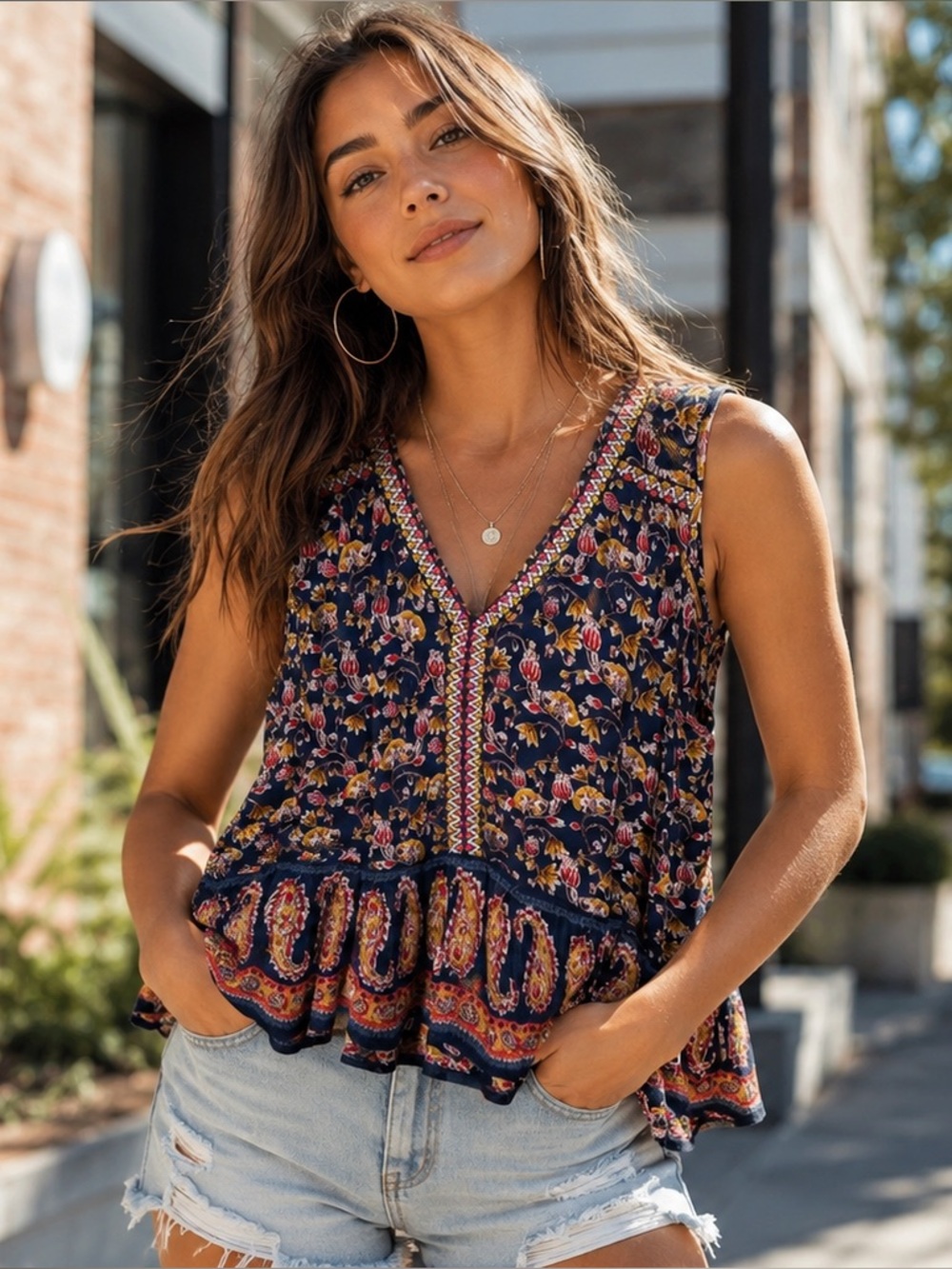 Patrons of Peace Boho Floral Peplum Tank Top Navy Embroidered Trim